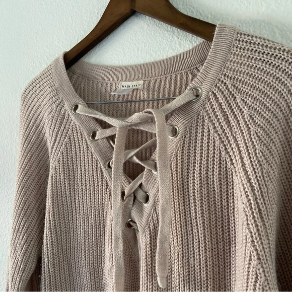 Lace Up Sweater Dusty Rose Pink Cozy Chunky Knit Medium Winter Fall Everyday - Picture 7 of 13
